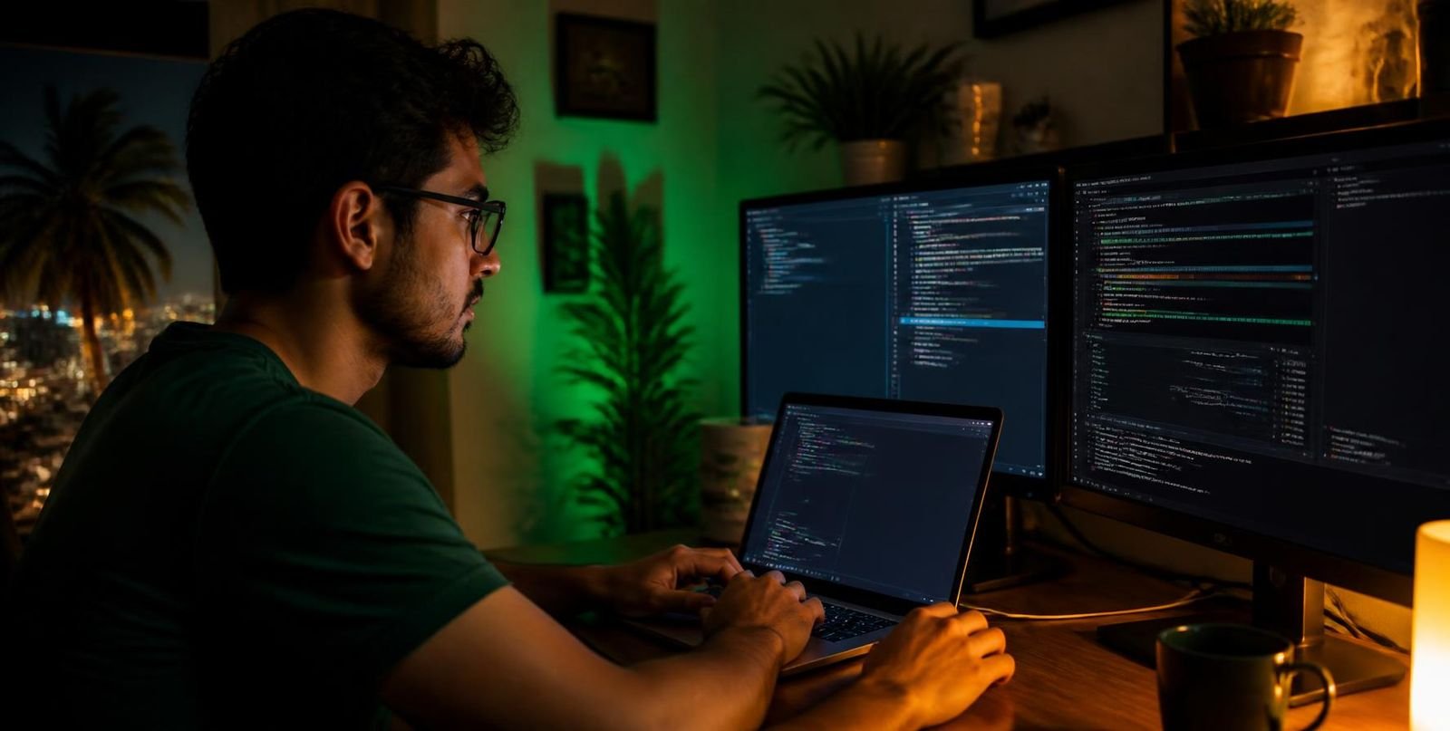 Desarrollador trabajando de noche con portátil y dos monitores