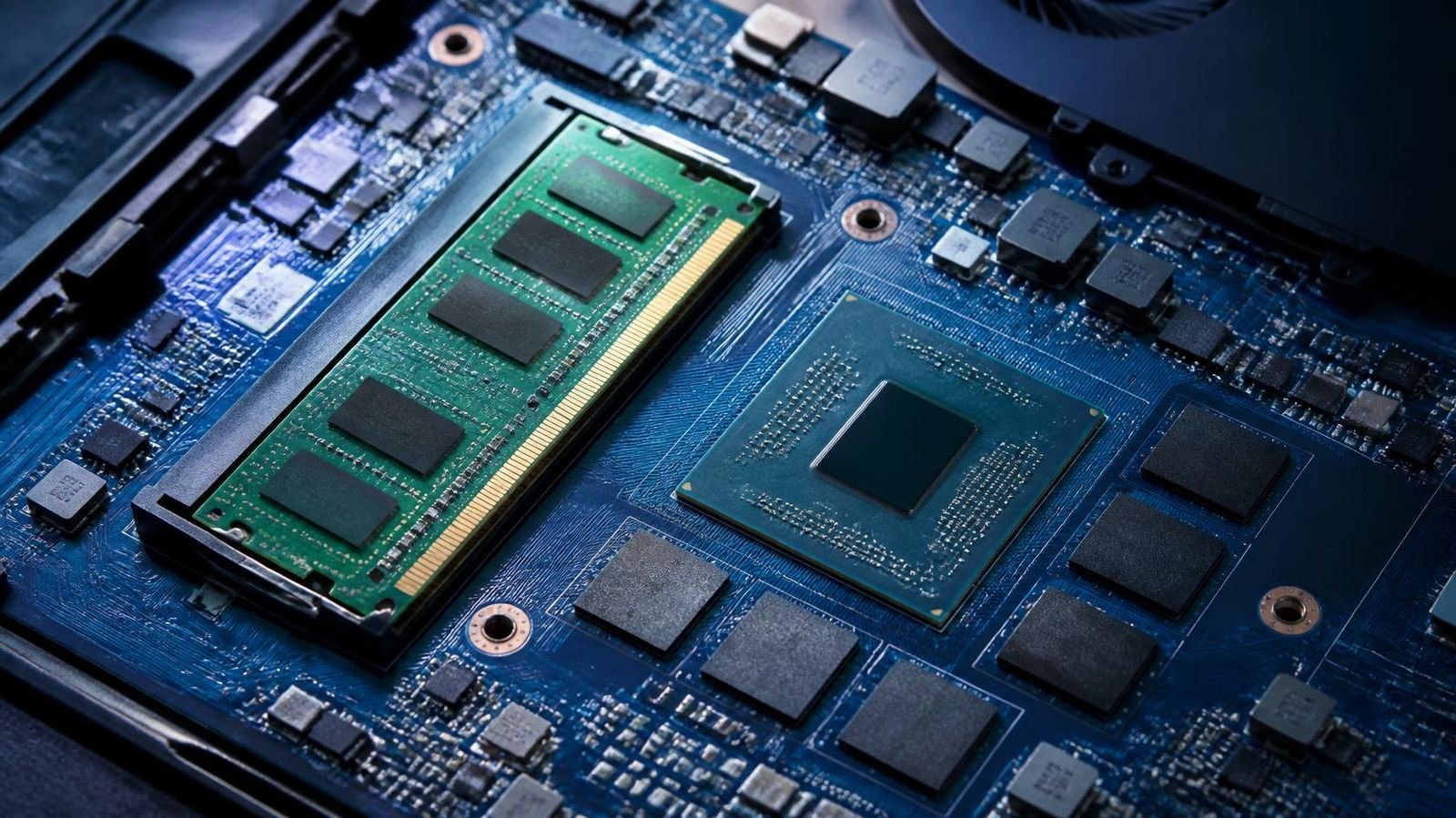 Placa de portátil con un módulo SO-DIMM y chips de memoria soldados junto al procesador