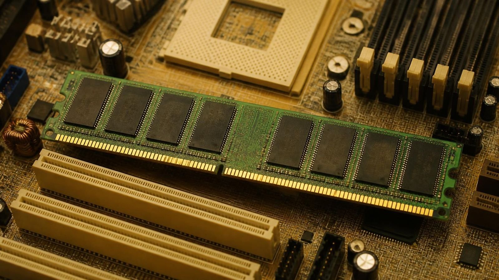 Módulo de memoria SDRAM verde sobre una placa base antigua
